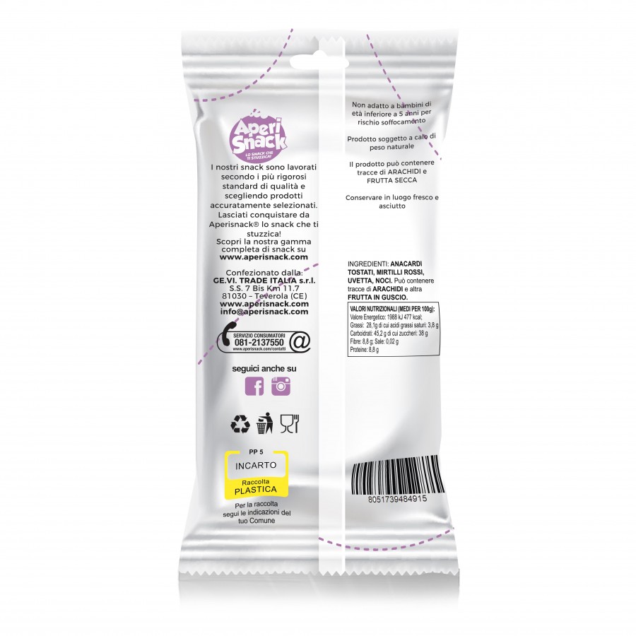 B-Fruit -Mix Sport - Mix di Anacardi, Mirtilli Rossi, Uvetta e Noci- Box da 20 Buste Monodose da 25 g